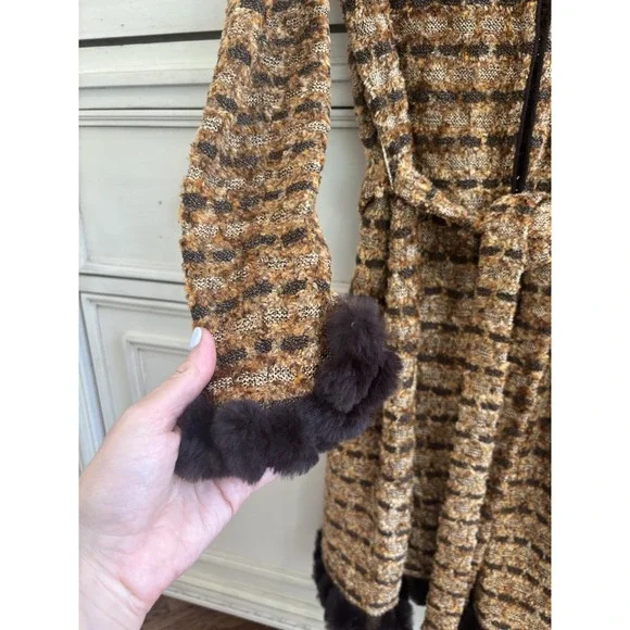 St John Sport Knit Long coat jacket multi brown with fur trim belt NWOT Small‎